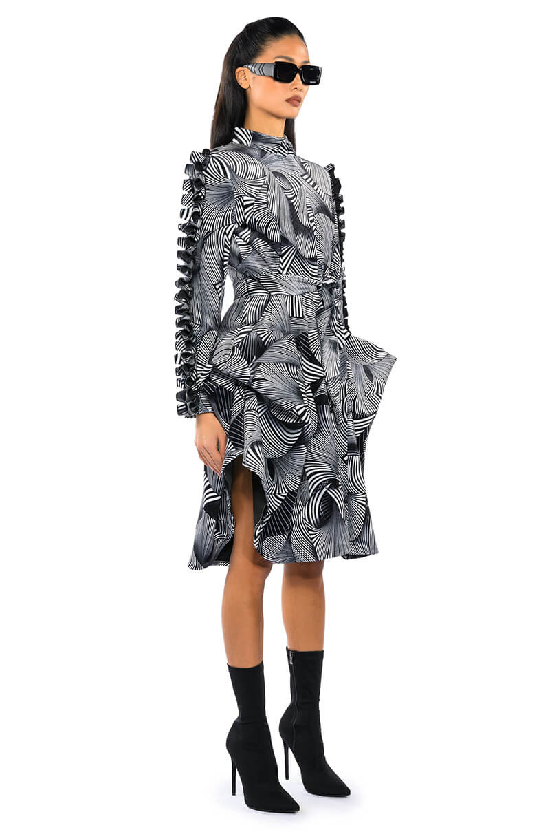 ABSTRACT PRINT BELTED LONG SLEEVE MINI DRESS