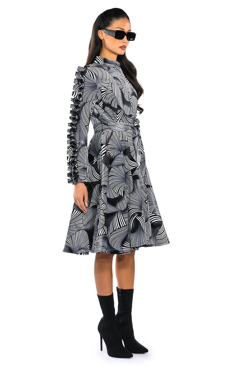 ABSTRACT PRINT BELTED LONG SLEEVE MINI DRESS