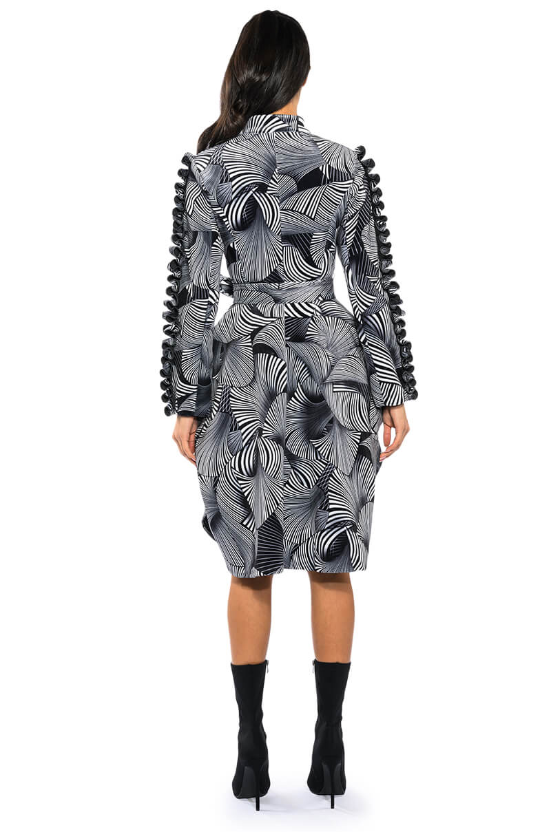 ABSTRACT PRINT BELTED LONG SLEEVE MINI DRESS