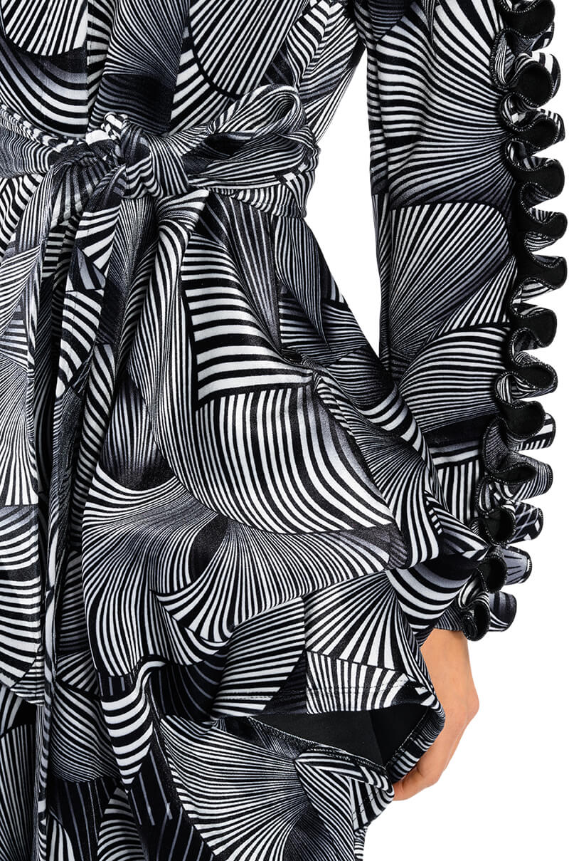 ABSTRACT PRINT BELTED LONG SLEEVE MINI DRESS