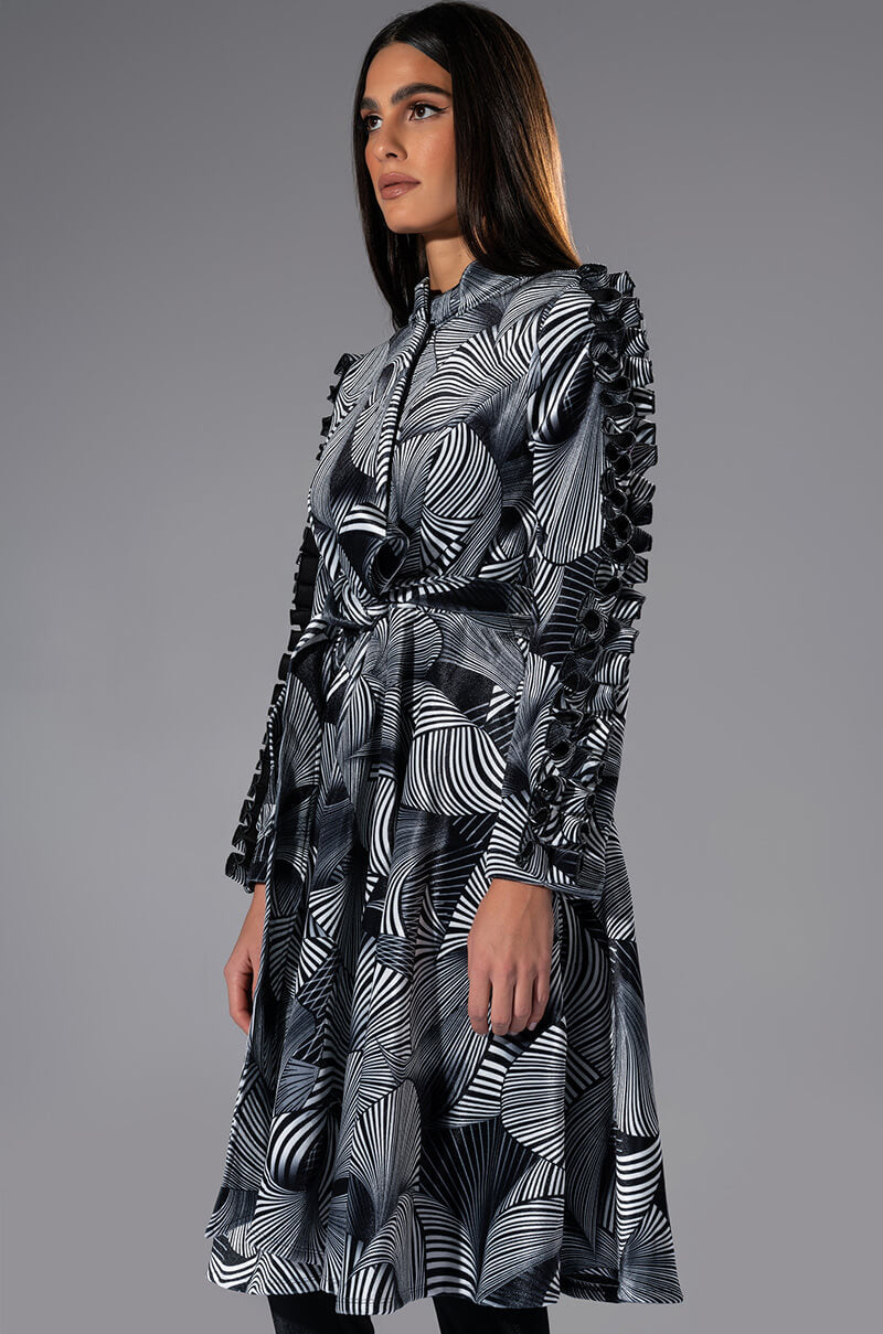 ABSTRACT PRINT BELTED LONG SLEEVE MINI DRESS