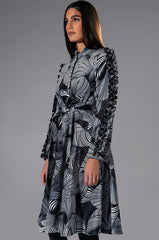 ABSTRACT PRINT BELTED LONG SLEEVE MINI DRESS