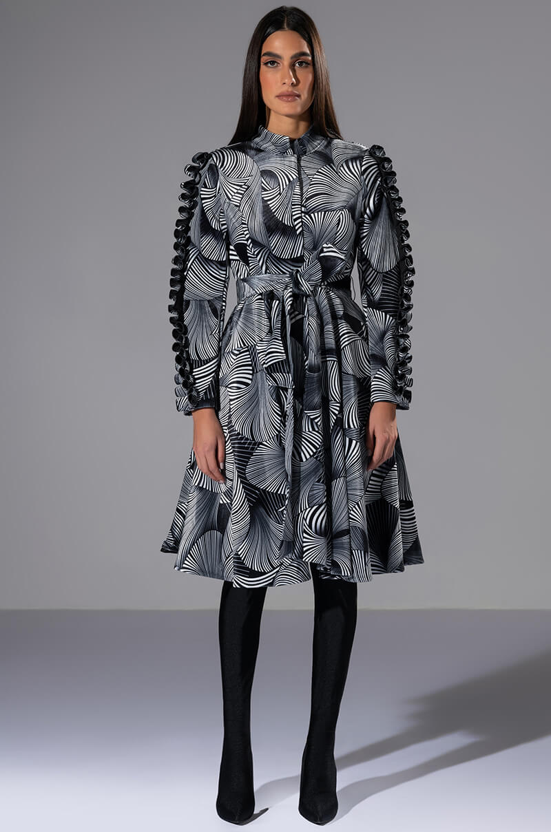 ABSTRACT PRINT BELTED LONG SLEEVE MINI DRESS