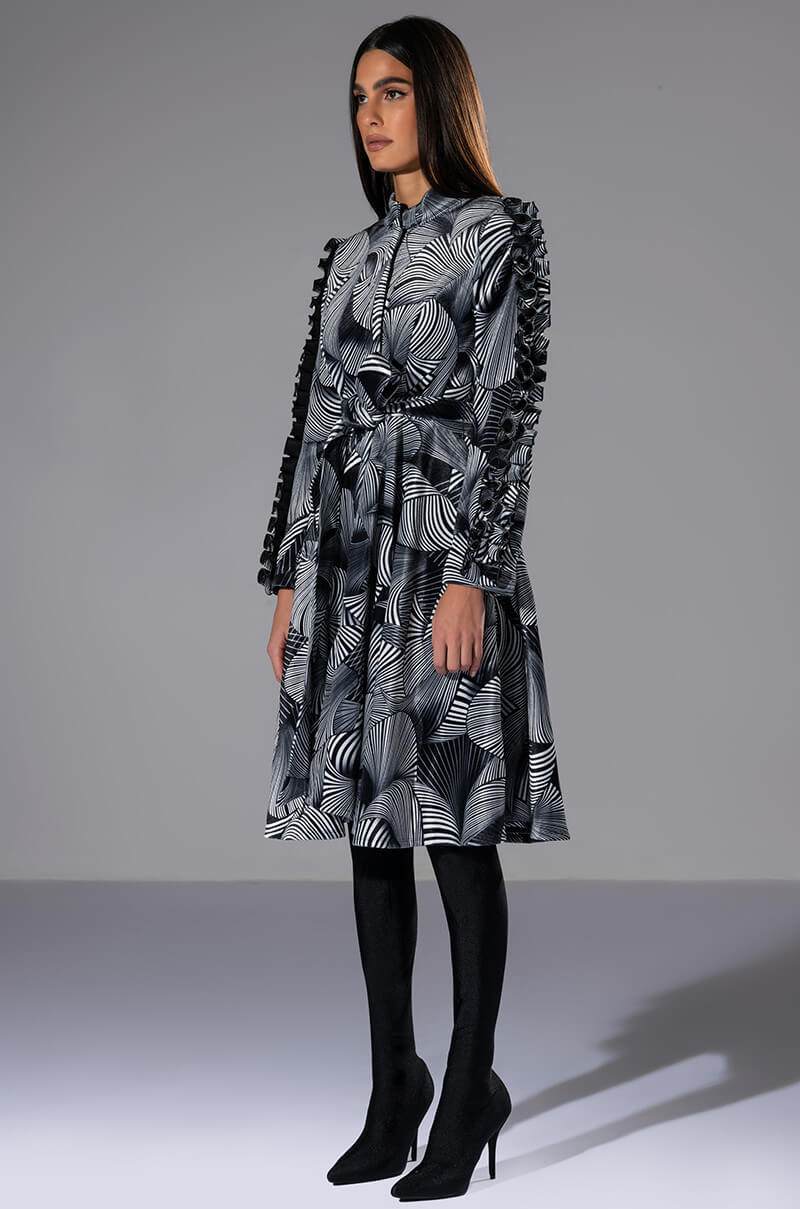 ABSTRACT PRINT BELTED LONG SLEEVE MINI DRESS