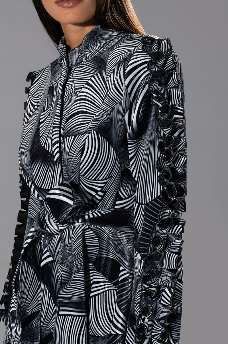 ABSTRACT PRINT BELTED LONG SLEEVE MINI DRESS