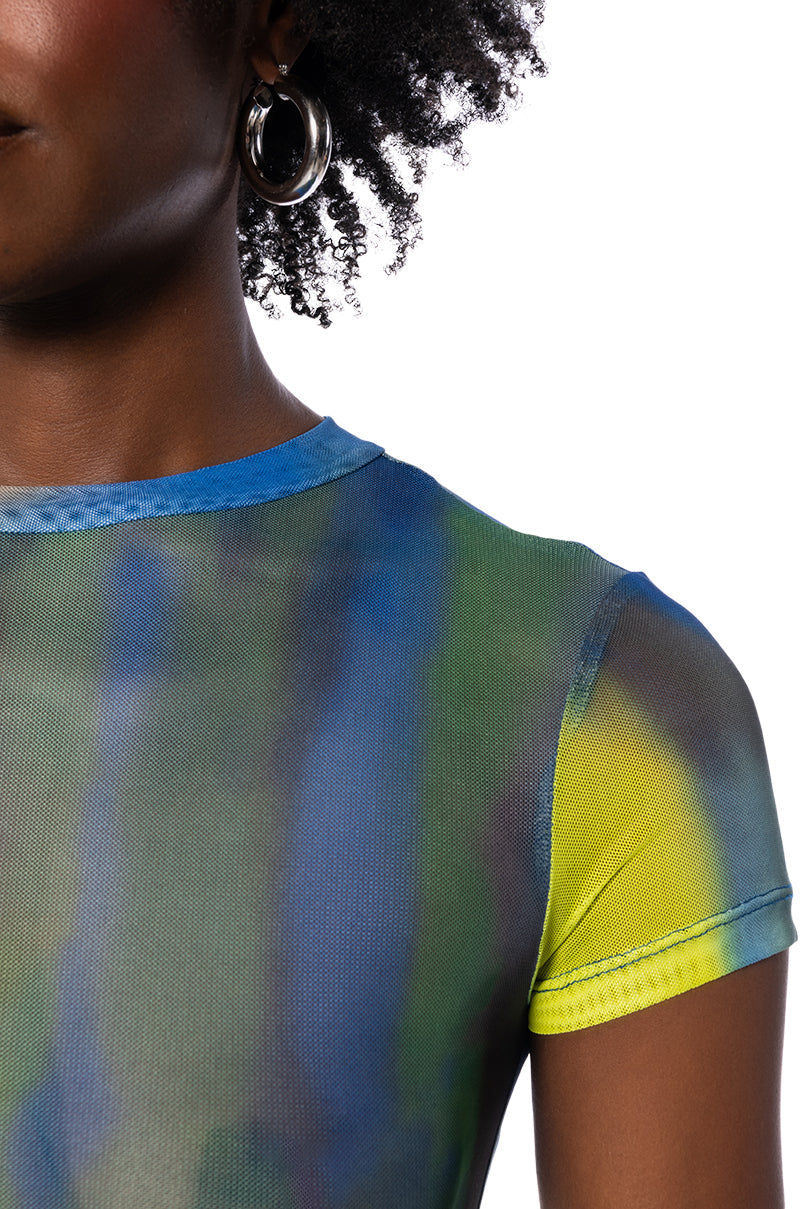 ABSTRACT PRINTED SHORT SLEEVE MESH BODYSUIT