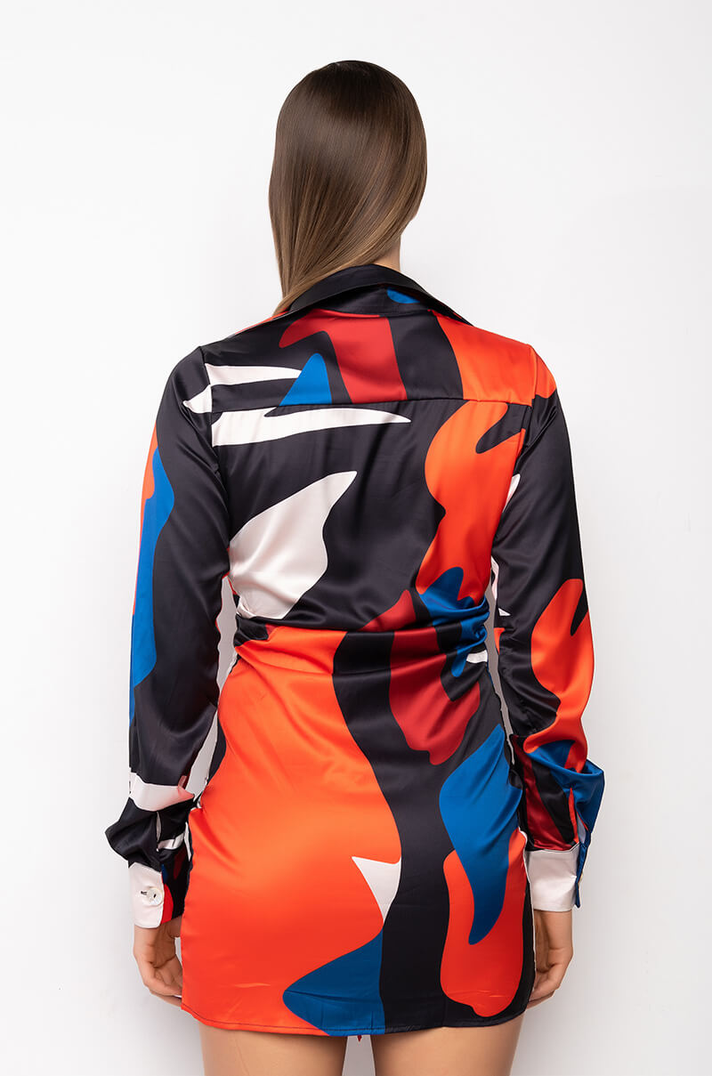 ABSTRACT SATIN SHIRT DRESS