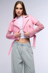 ACEROLA BLING RHINESTONE SLEEVE MOTO JACKET IN PINK