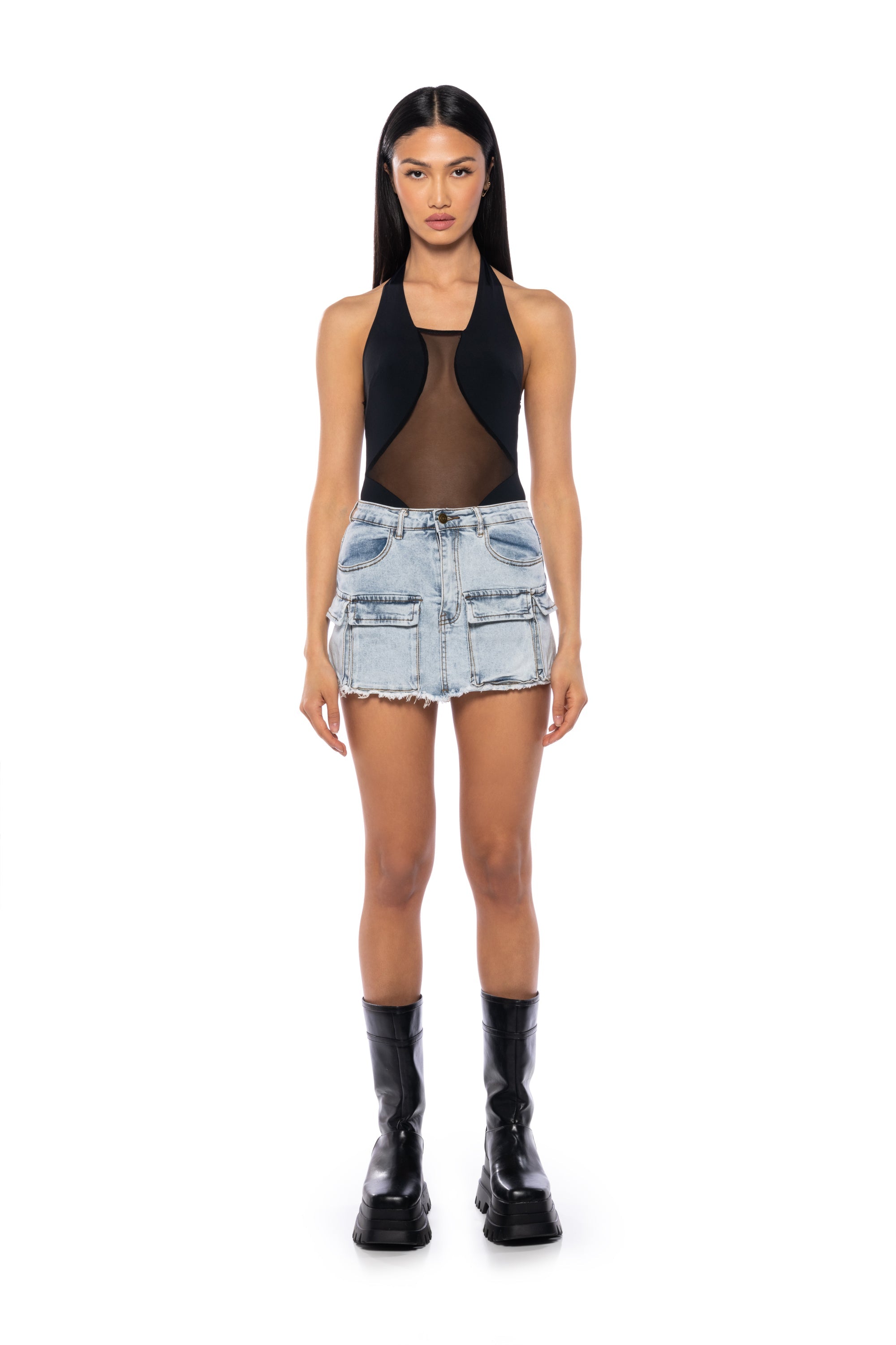 ASH HALTER NECK MESH DETAIL BODYSUIT