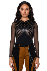 AFTER DARK FAUX LEATHER PANEL LONG SLEEVE MESH BODYSUIT