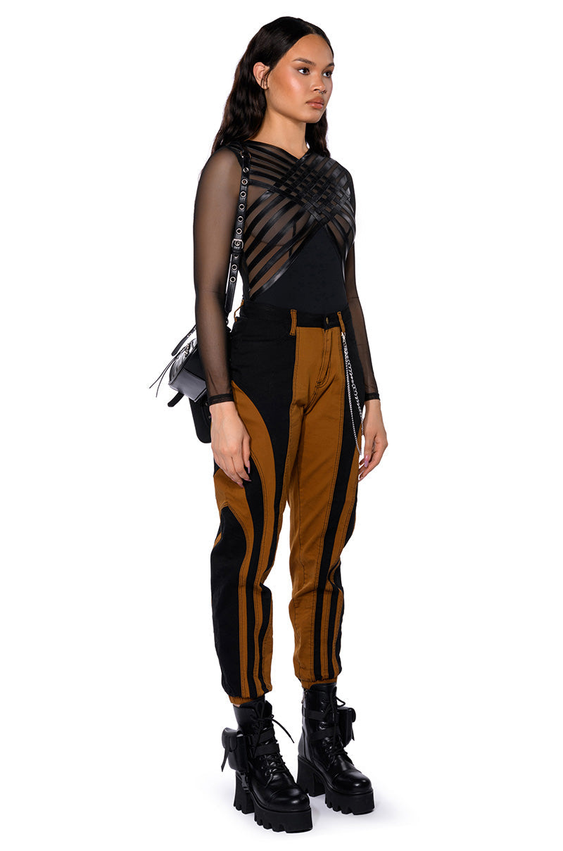 AFTER DARK FAUX LEATHER PANEL LONG SLEEVE MESH BODYSUIT