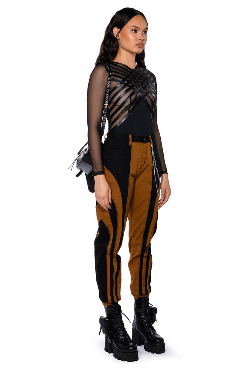 AFTER DARK FAUX LEATHER PANEL LONG SLEEVE MESH BODYSUIT