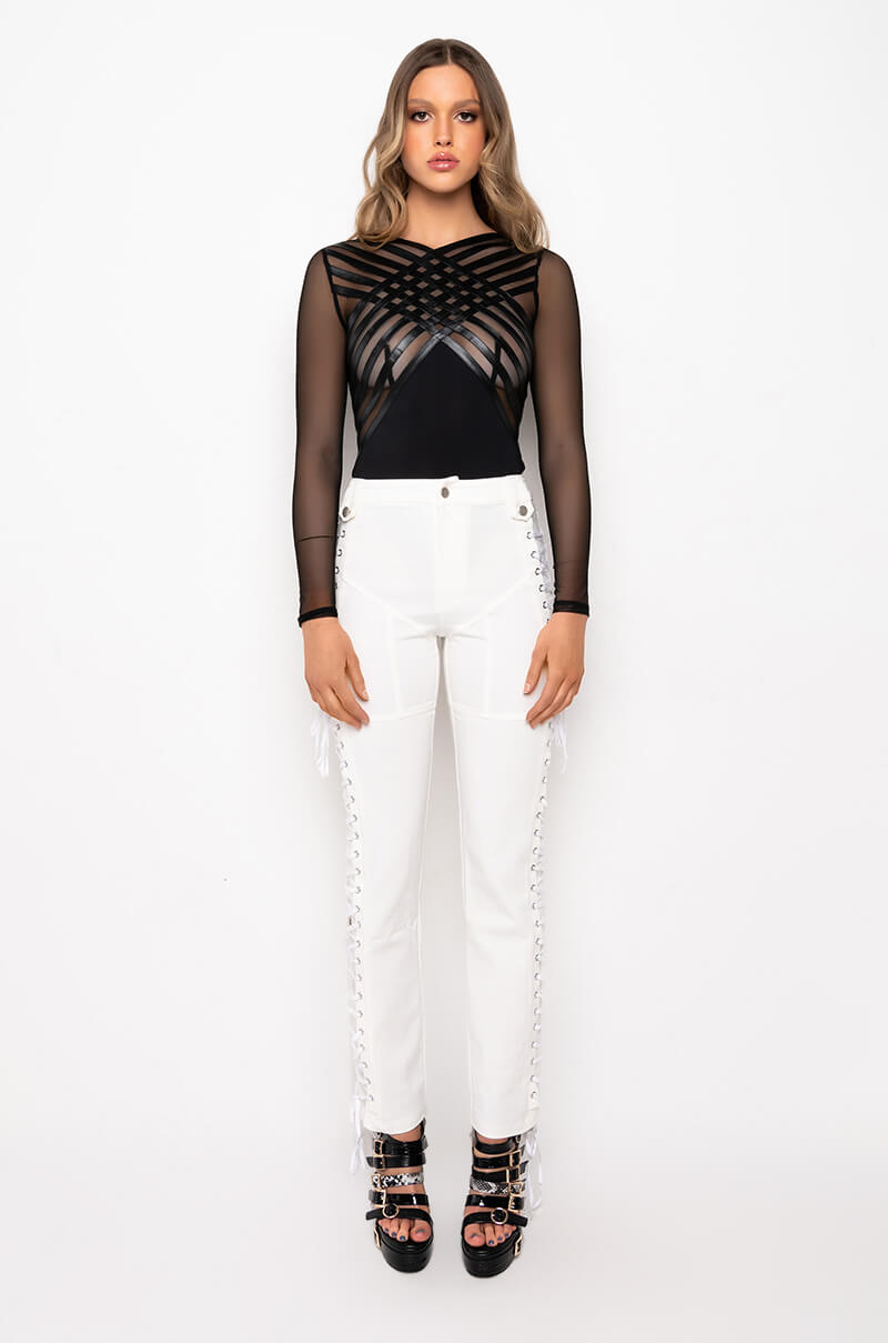 AFTER DARK FAUX LEATHER PANEL LONG SLEEVE MESH BODYSUIT