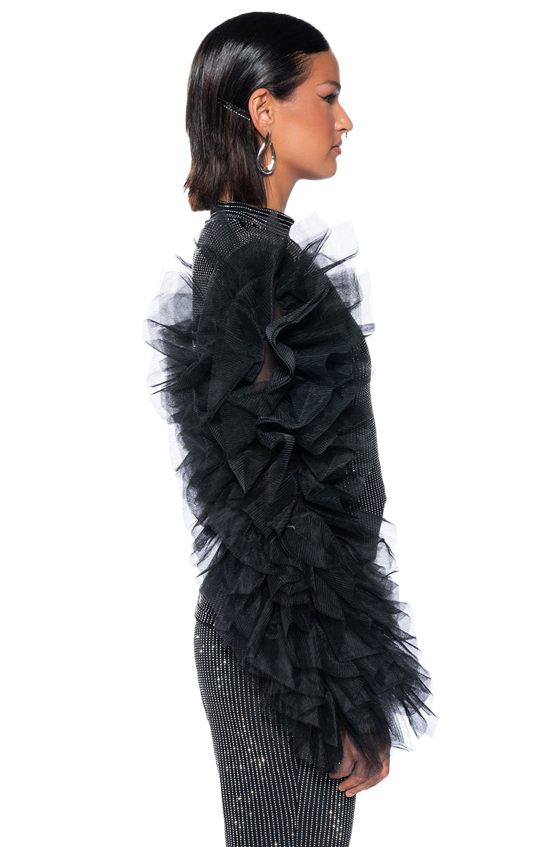 AFTER HOURS RHINESTONE EMBELLISHED TULLE SLEEVE TOP IN BLACK