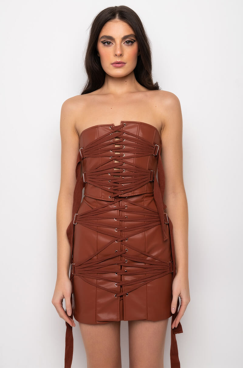 AFTER THE AFTER PARTY LACE UP FAUX LEATHER BUSTIER
