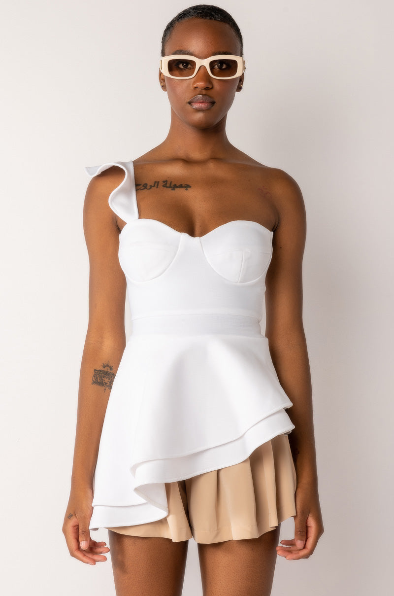 AIKO ONE SHOULDER PEPLUM BANDAGE BLOUSE