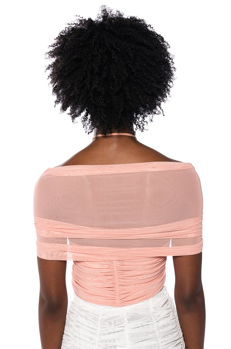 AIRA MESH OFF THE SHOULDER HALTER CROP TOP IN BLUSH PINK