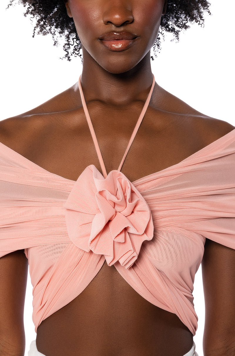AIRA MESH OFF THE SHOULDER HALTER CROP TOP IN BLUSH PINK