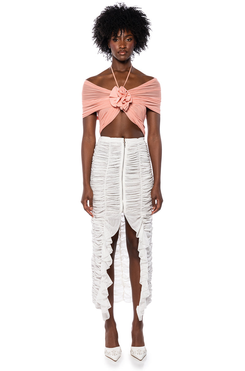 AIRA MESH OFF THE SHOULDER HALTER CROP TOP IN BLUSH PINK