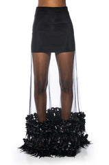 ALICE FEATHER DETAIL SHEER MAXI SKIRT IN BLACK
