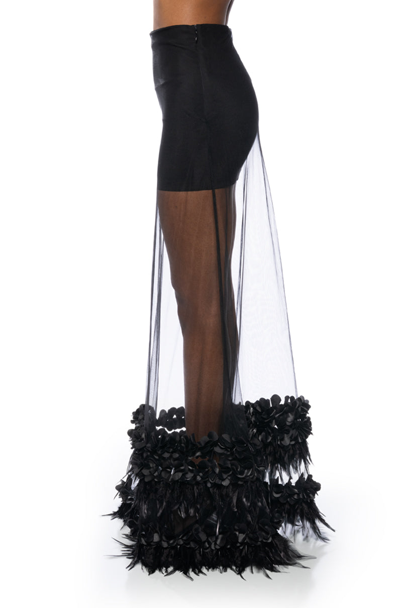 ALICE FEATHER DETAIL SHEER MAXI SKIRT IN BLACK