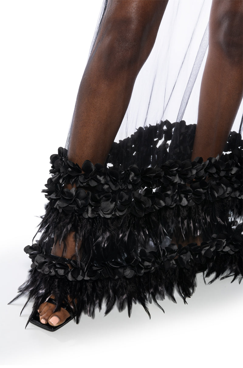 ALICE FEATHER DETAIL SHEER MAXI SKIRT IN BLACK