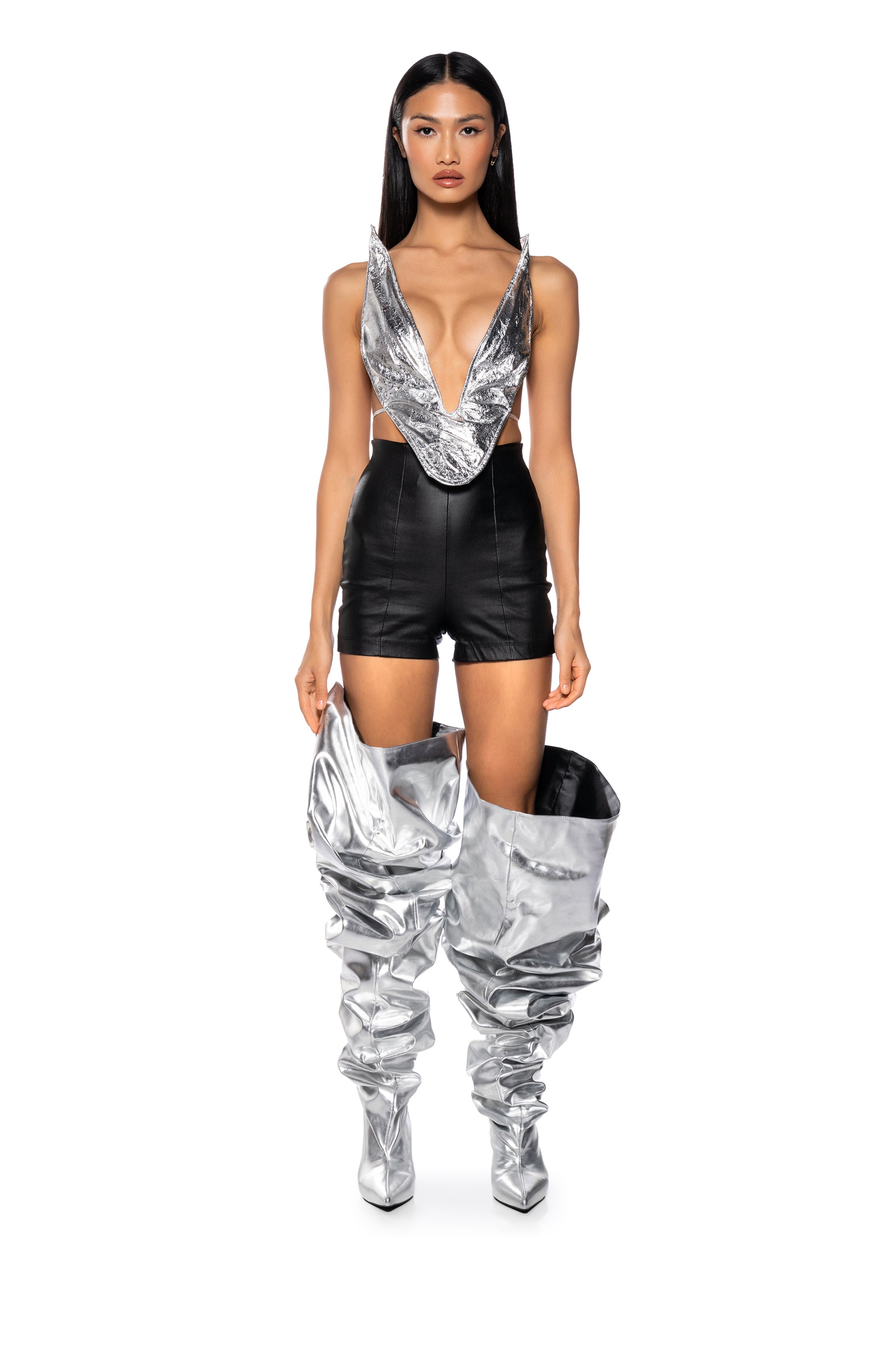 ALIEN SUPERSTAR DRAMATIC METALLIC HALTER TOP