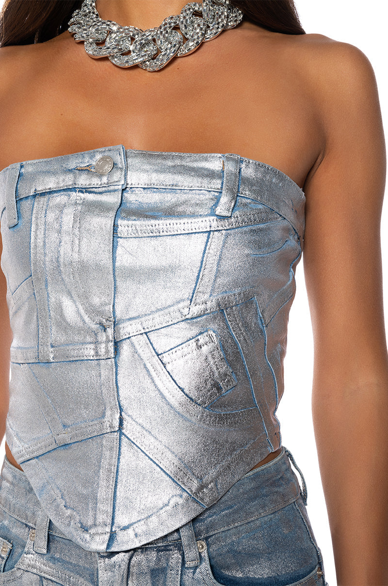 ALIYAH METALLIC DENIM TUBE TOP