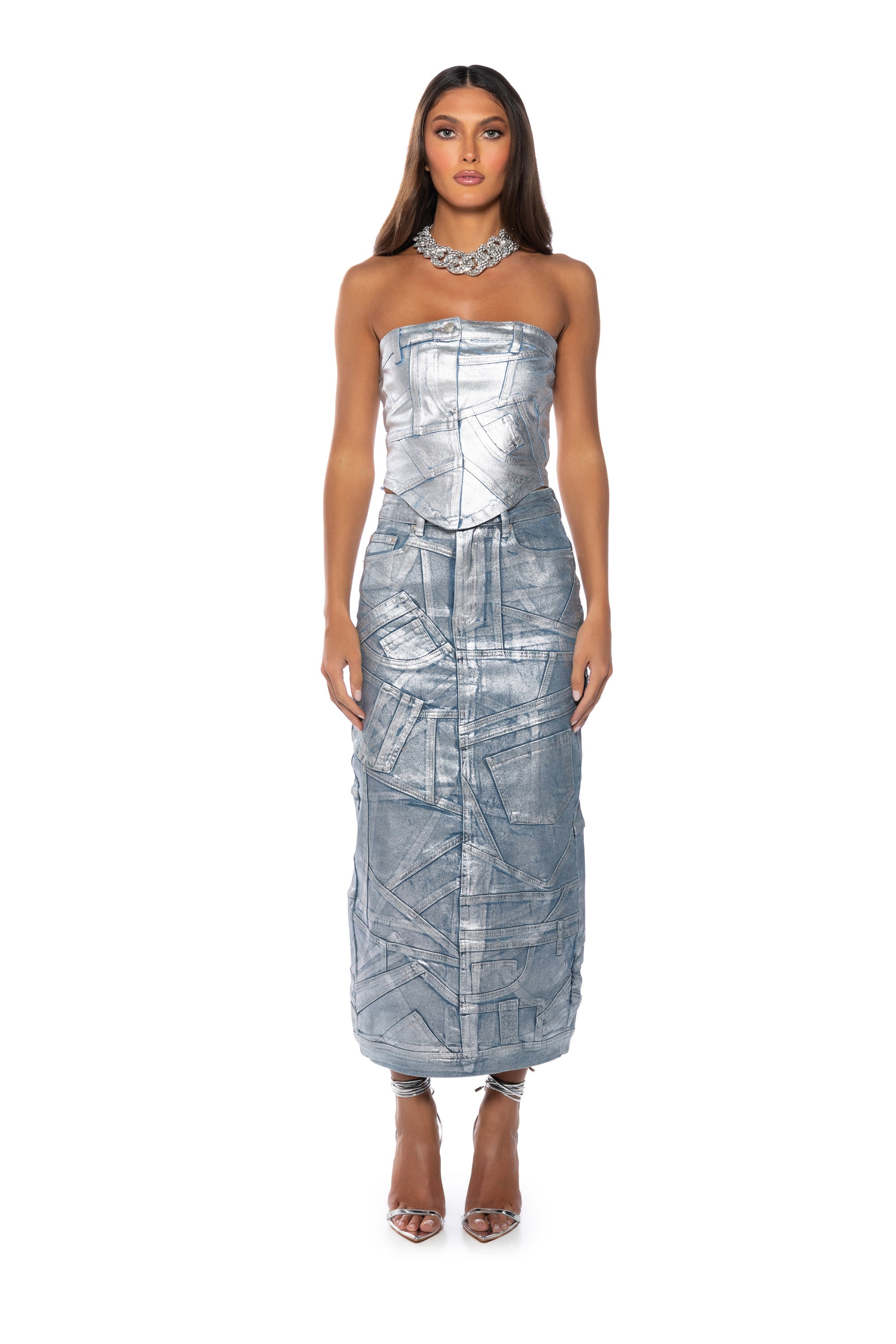 ALIYAH METALLIC DENIM TUBE TOP