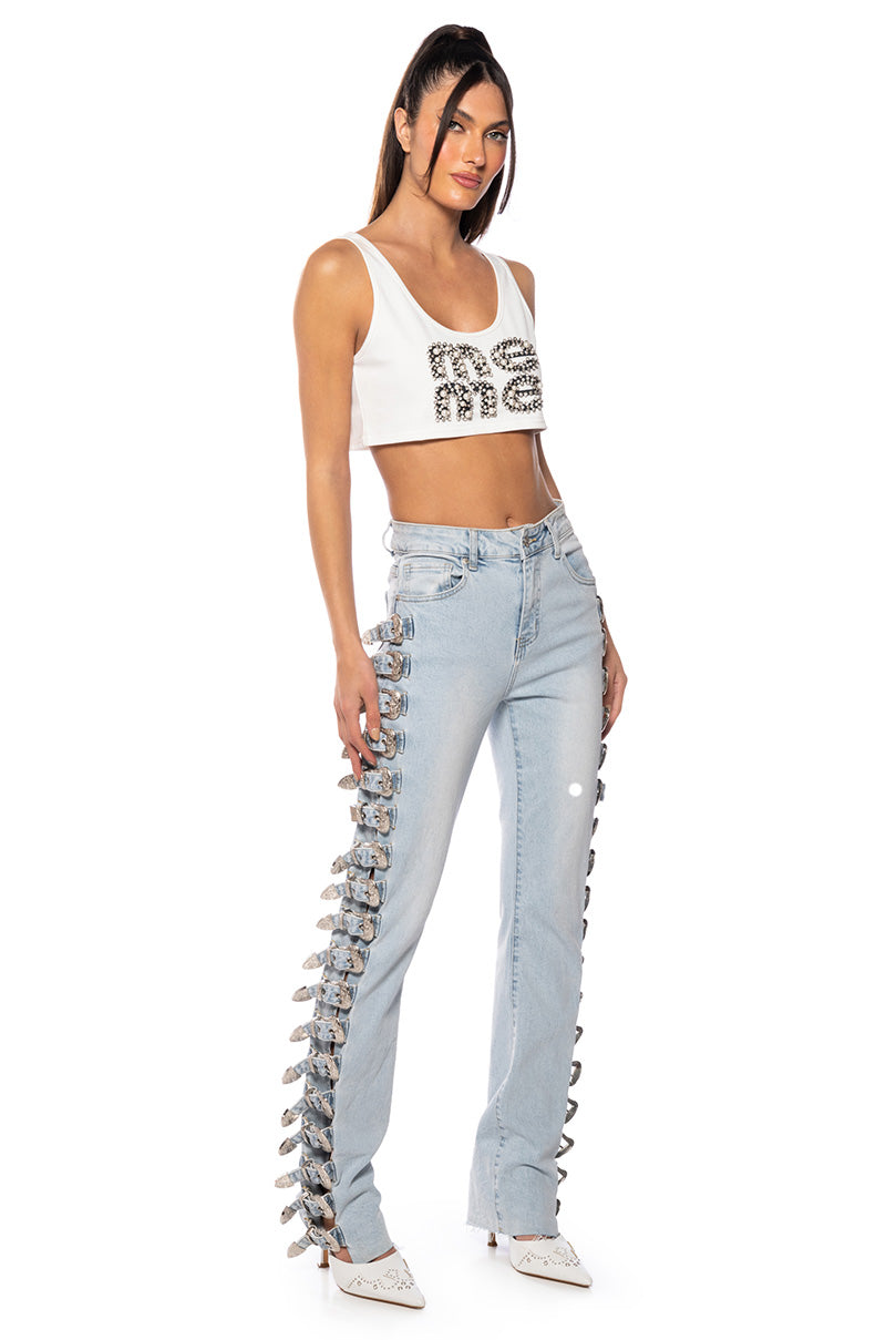 ALL ABOUT BUCKLES WIDE LEG JEANS