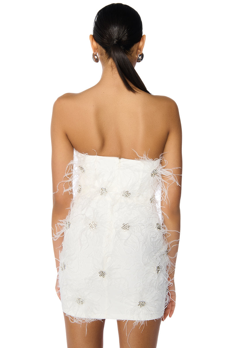 ALL ABOUT ME FEATHER APPLIQUE MINI DRESS