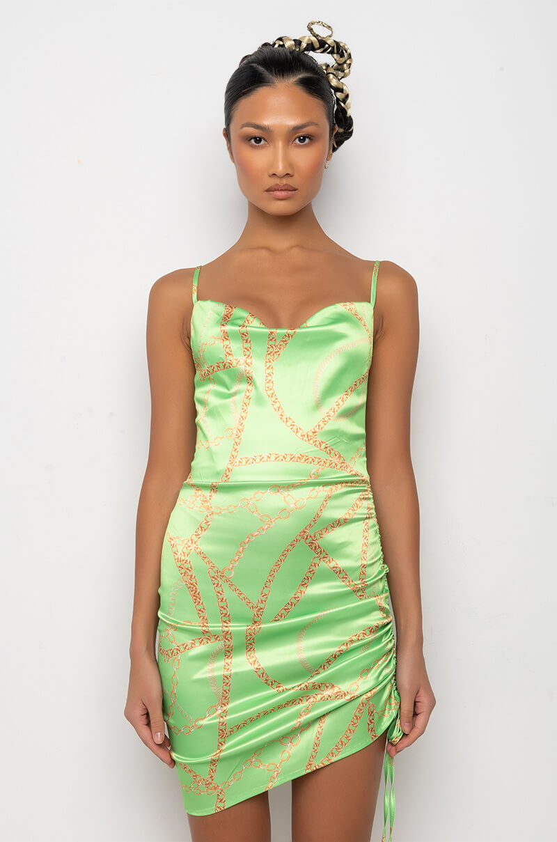 ALL ABOUT THE CHAINS SATIN MINI DRESS