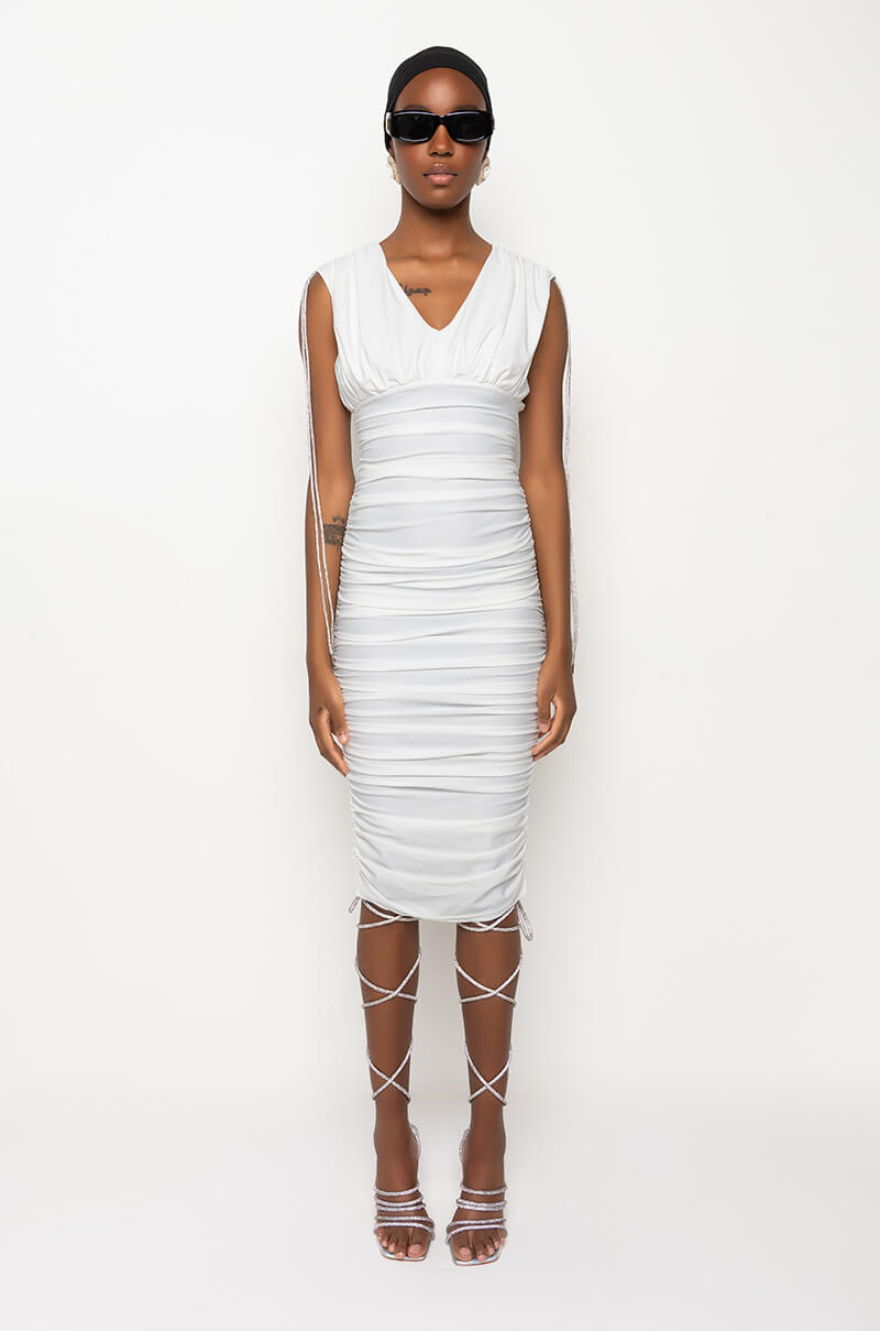 ALL I WANT RUCHED MIDI DRESS