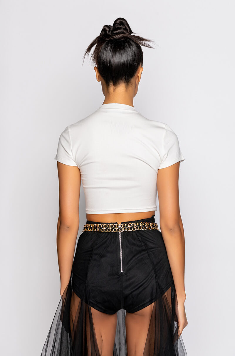 ALL IN ONE PEARL CHAIN DETAIL RIBBED MOCK NECK CROP TOP