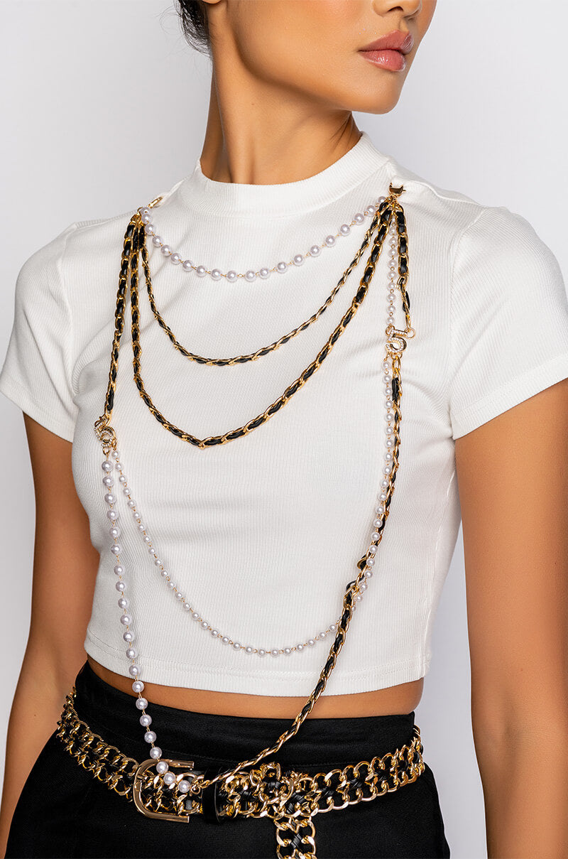 ALL IN ONE PEARL CHAIN DETAIL RIBBED MOCK NECK CROP TOP