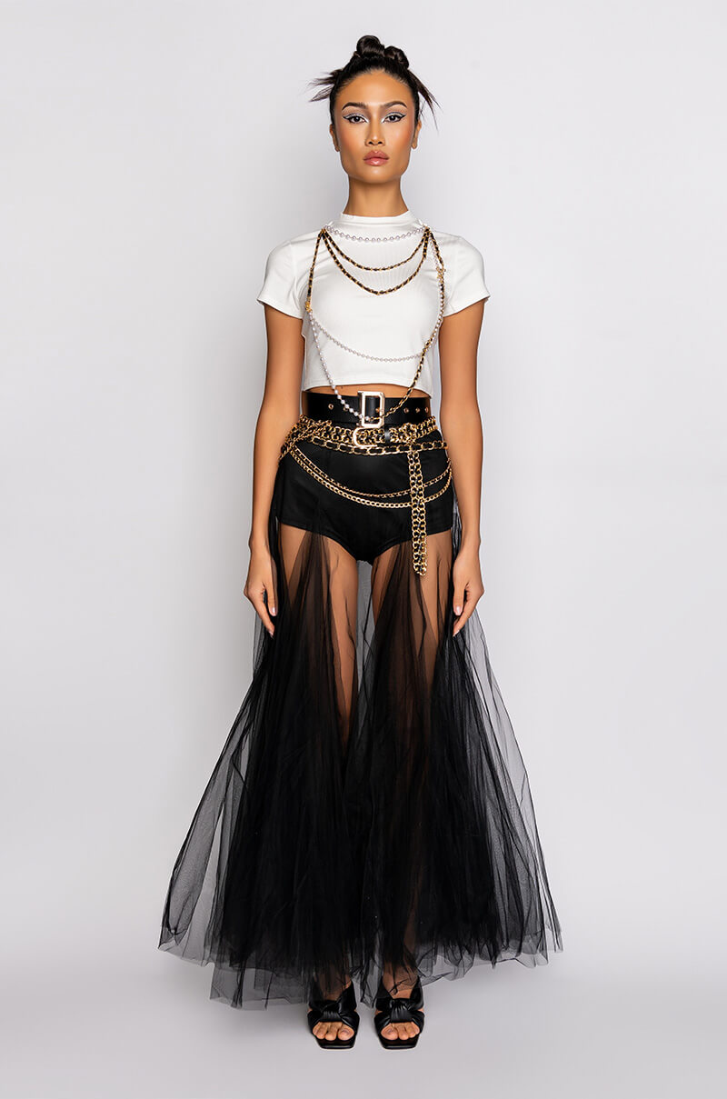 ALL IN ONE PEARL CHAIN DETAIL RIBBED MOCK NECK CROP TOP