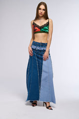 ALL OVER DISTRESSED DENIM SKIRT