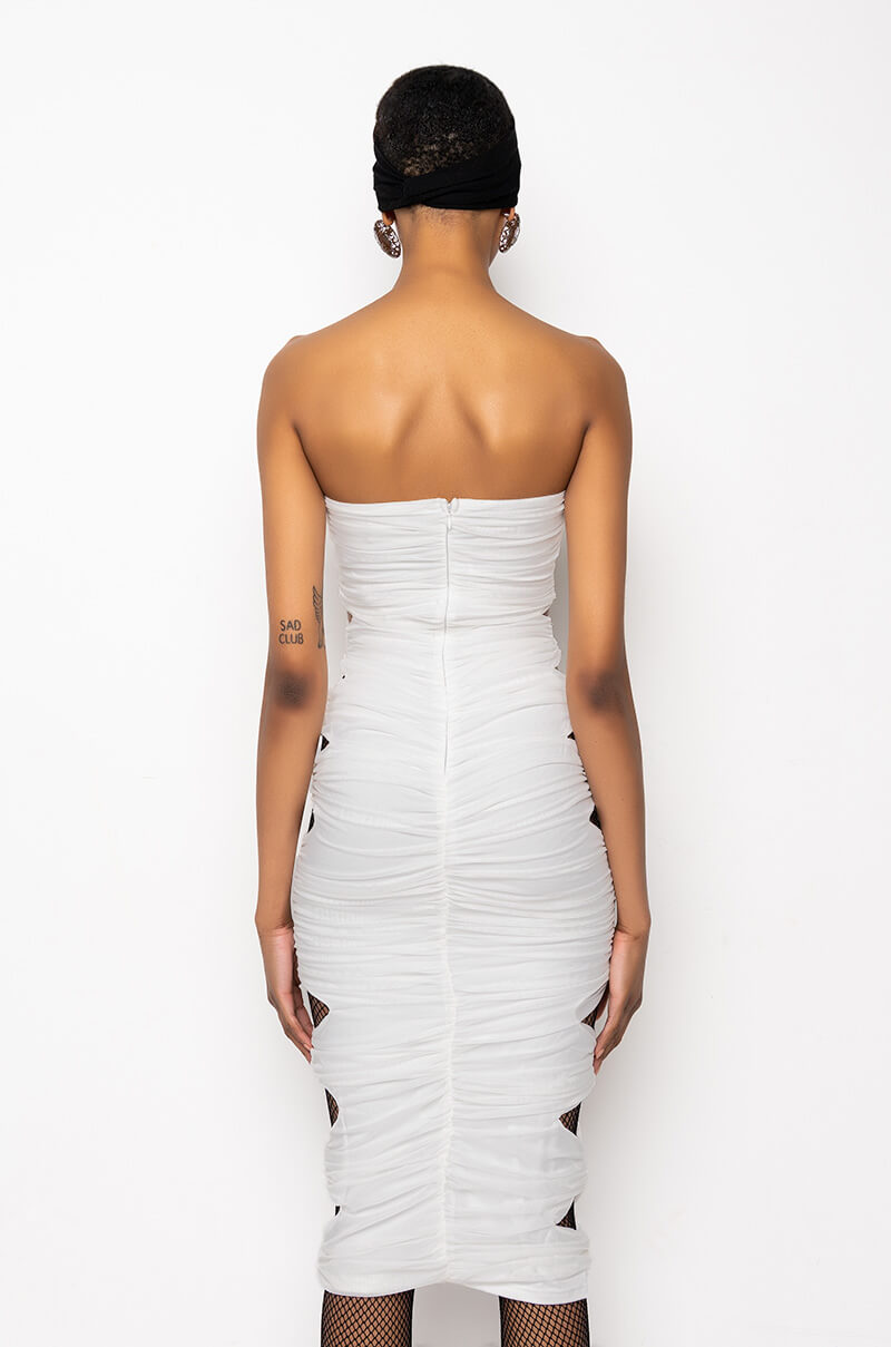 ALL RUCHED UP MESH MIDI TUBE DRESS
