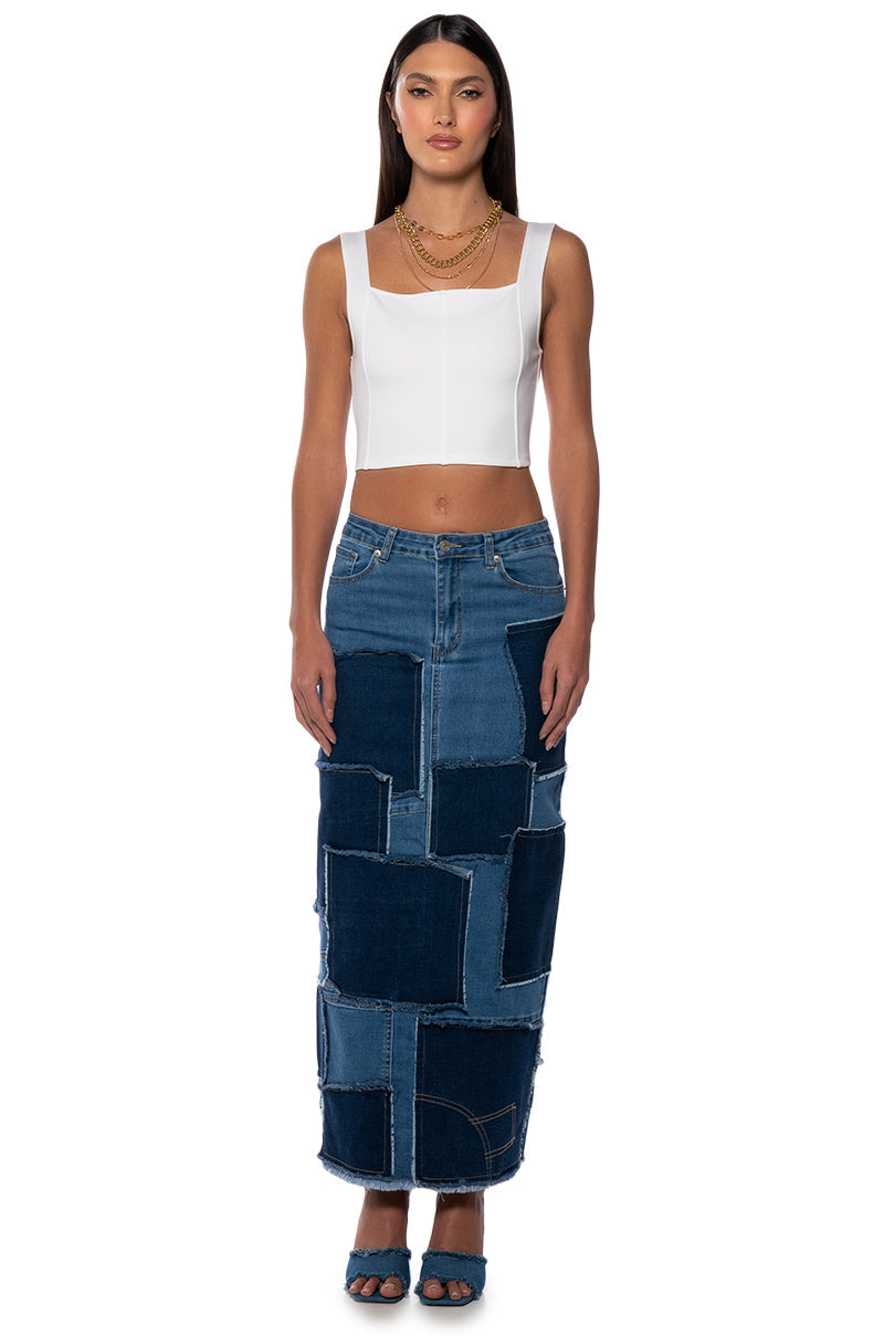 ALWAYS GOOD PATCHWORK DENIM MAXI SKIRT