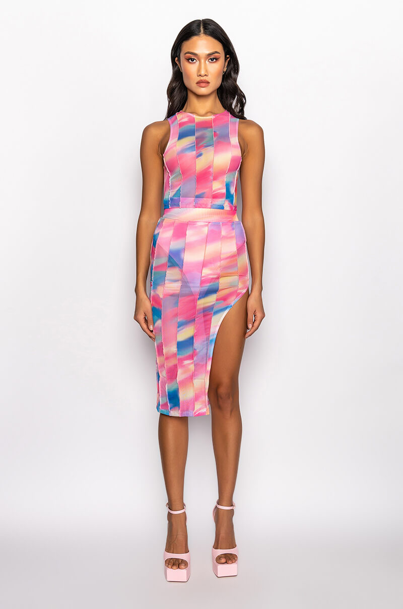 ALWAYS THE BRIGHT LIGHT MESH MIDI SKIRT