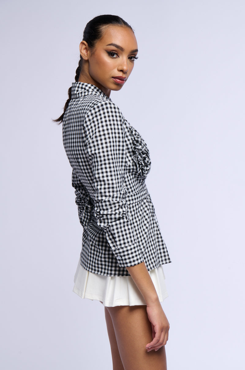 AMINA GINGHAM COLLARED LONG SLEEVE BLOUSE
