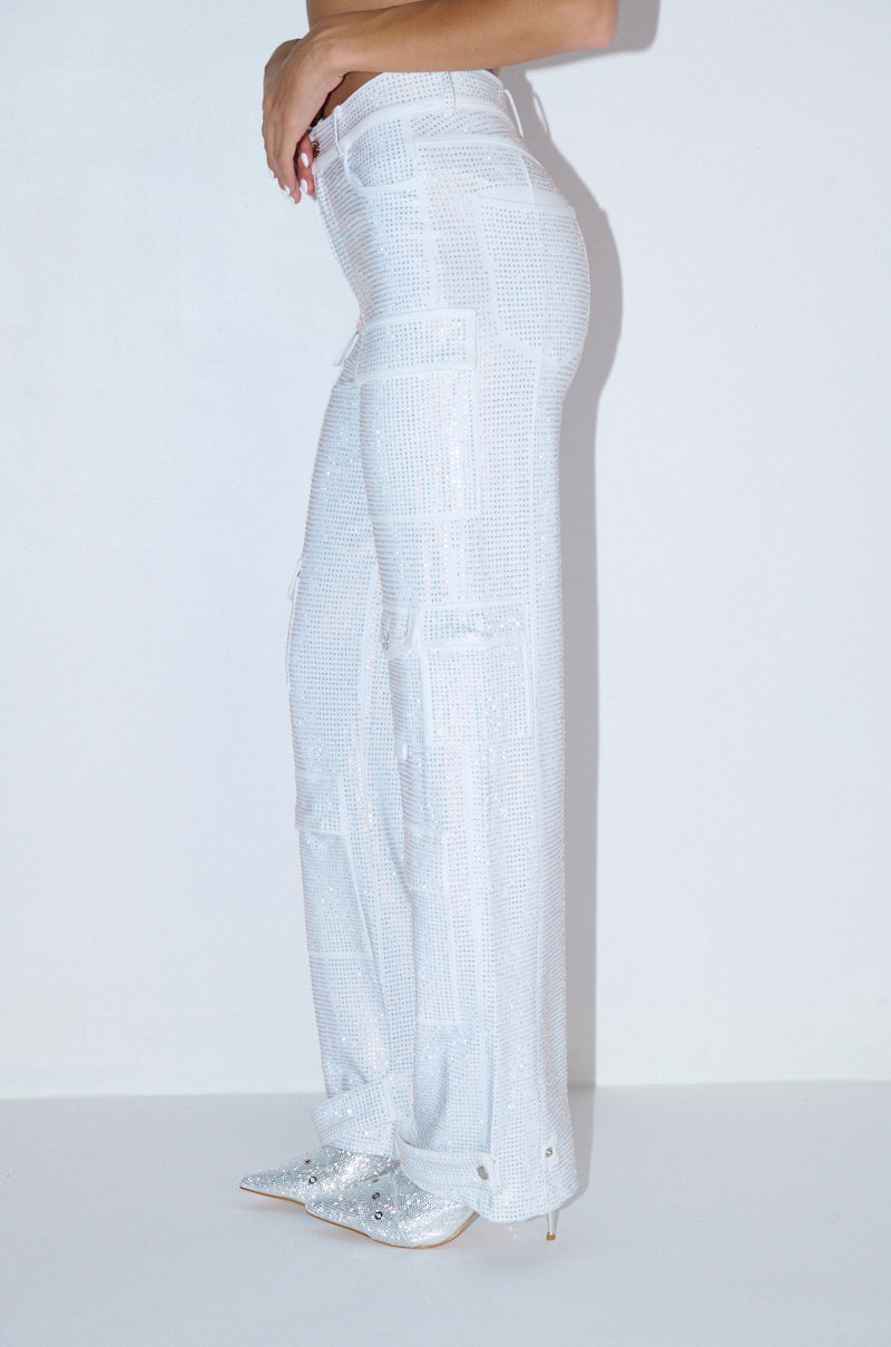 AMMO BONNE SOIREE RHINESTONE CARGO PANTS IN WHITE