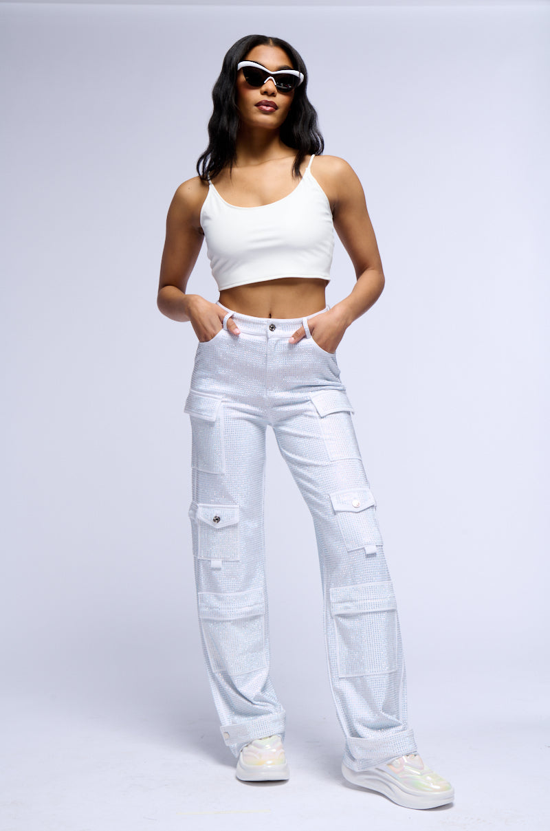 AMMO BONNE SOIREE RHINESTONE CARGO PANTS IN WHITE