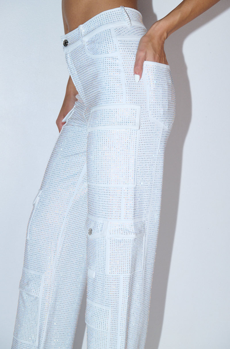 AMMO BONNE SOIREE RHINESTONE CARGO PANTS IN WHITE