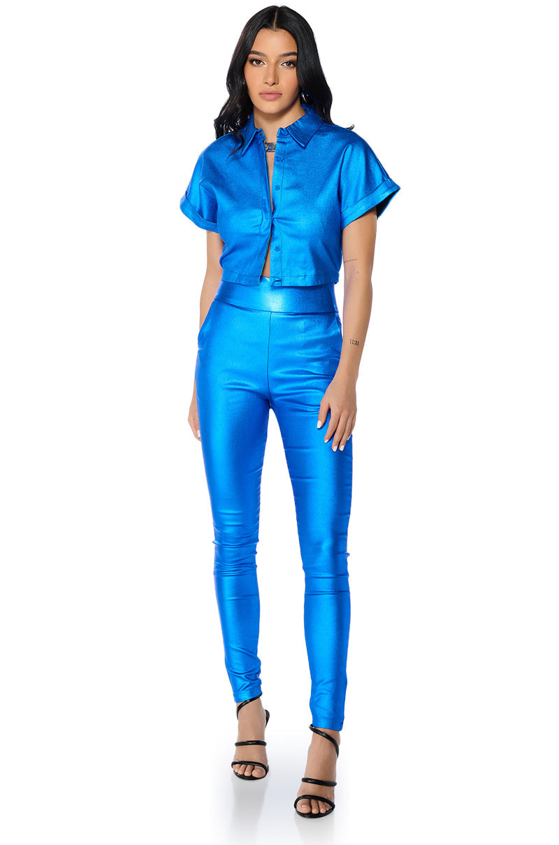 AMMO X AKIRA BIG BOOTY HIGH WAIST FAUX LEATHER PANT IN BLUE