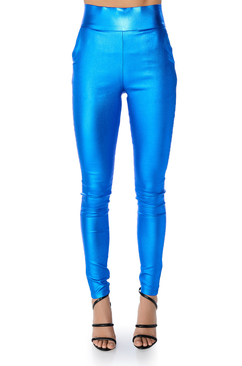 AMMO X AKIRA BIG BOOTY HIGH WAIST FAUX LEATHER PANT IN BLUE