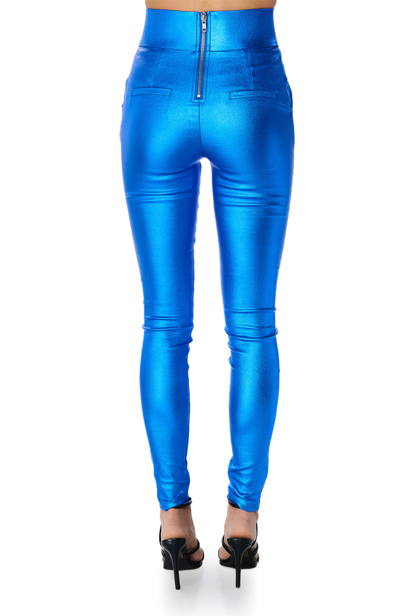 AMMO X AKIRA BIG BOOTY HIGH WAIST FAUX LEATHER PANT IN BLUE