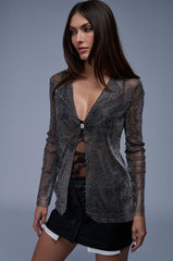 AN ELEGANT EVENING RHINESTONE MESH COLLARED BLOUSE