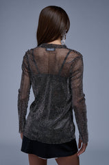 AN ELEGANT EVENING RHINESTONE MESH COLLARED BLOUSE