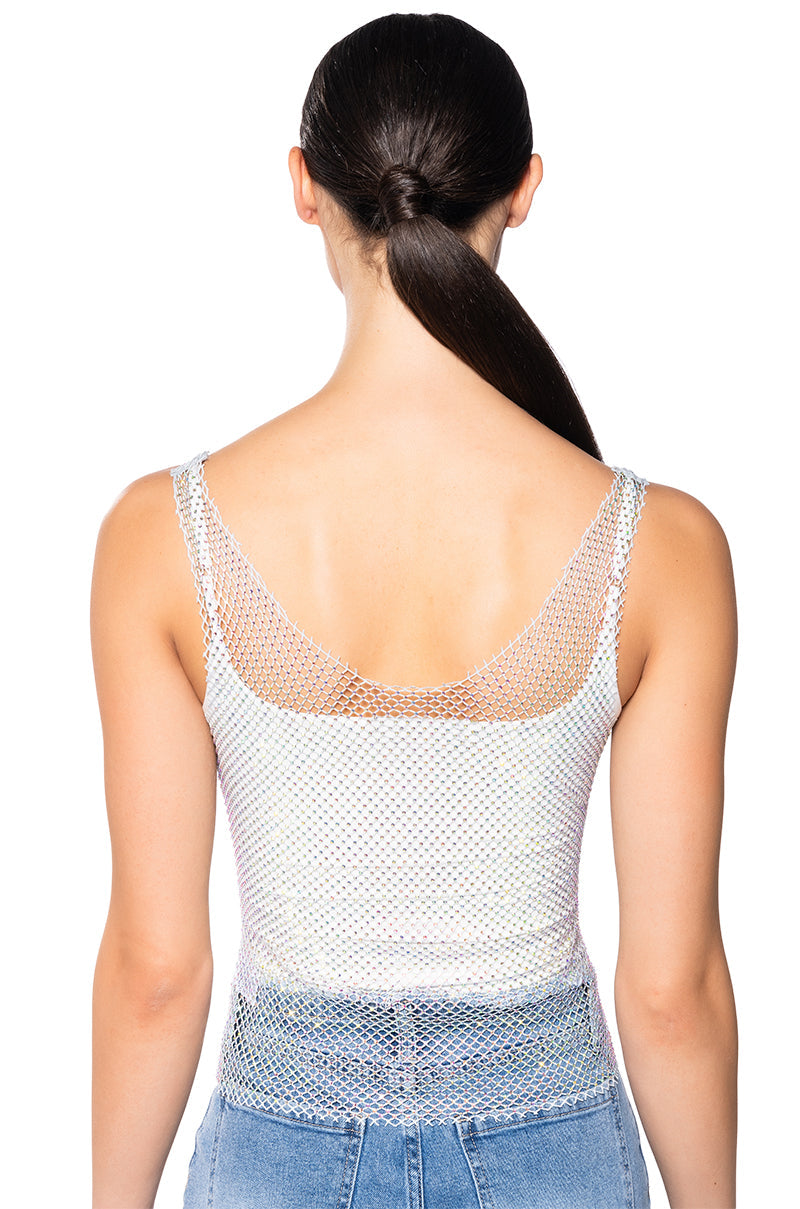 ANGEL VIBES RHINESTONE MESH TANK IN SILVER